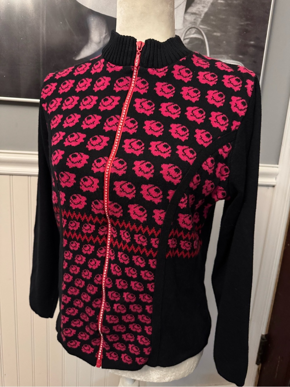 Skovhuus Black & Fuschia Rose Knit Cardigan Full Zip Sweater Mock Neck Size M